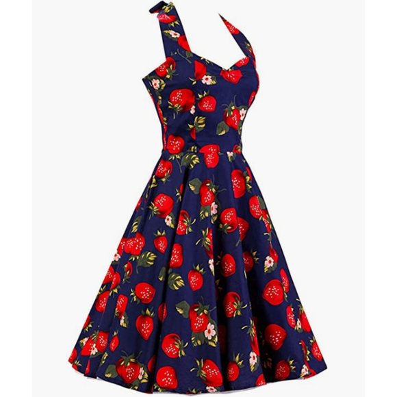 Strawberry 1950s Vintage Inspired Halter Picnic Party Dress - Picture 2 of 6